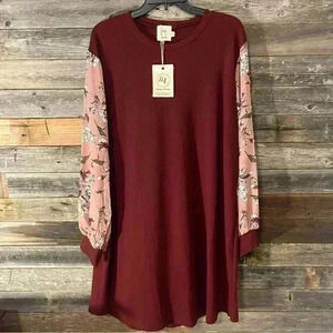 Grace and Emma Maroon Waffle Dress with Floral Sleeves NWT 2X